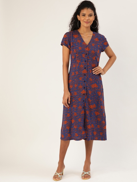 

DressBerry Navy Blue & Rust Red Floral Printed A-Line Sustainable ECOVERO Dress