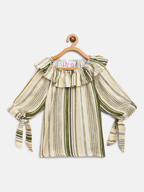 

Bella Moda Girls Olive Green & Cream-Coloured Striped Bardot Top