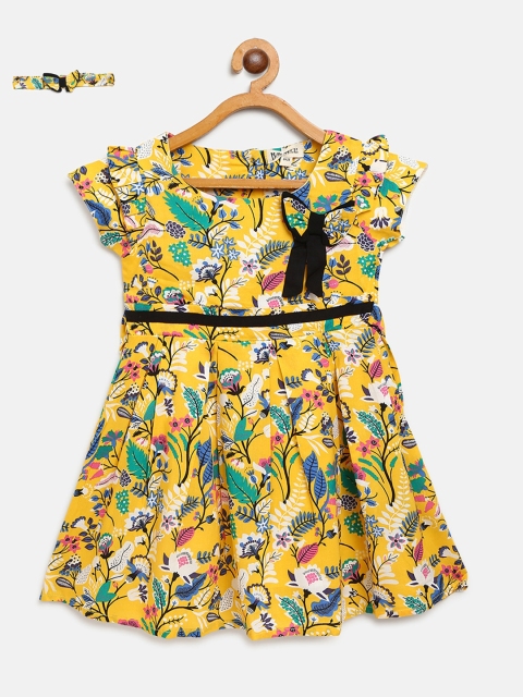 

Bella Moda Girls Yellow & Green Floral Print Fit & Flare Dress with Hairband