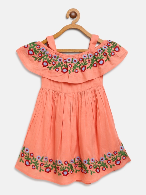 

Bella Moda Girls Peach-Coloured Floral Hand Embroidered Fit & Flare Dress