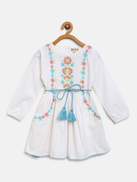 

Bella Moda Girls White & Blue Floral Embroidered A-Line Dress with Belt