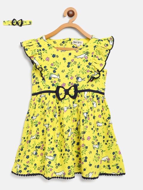 

Bella Moda Girls Yellow & Green Ditsy Floral Print A-Line Dress with Hairband