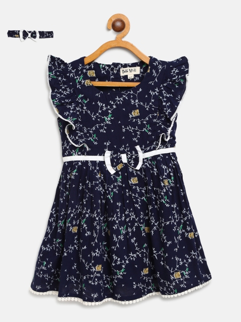 

Bella Moda Girls Navy Blue & White Leaf Print A-Line Dress with Hairband