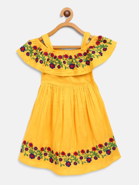 

Bella Moda Girls Yellow & Green Floral Embroidered Detail A-Line Dress