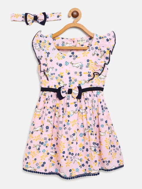 

Bella Moda Girls Pink & Navy Floral Print A-Line Dress with Hairband