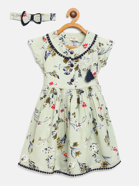 

Bella Moda Girls Mint Green & Navy Floral Print Fit & Flare Dress with Hairband