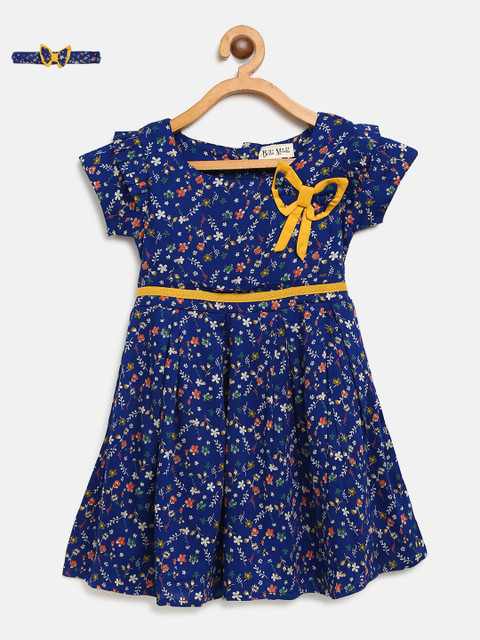 

Bella Moda Girls Navy Blue & Off-White Floral Print Fit & Flare Dress with Hairband