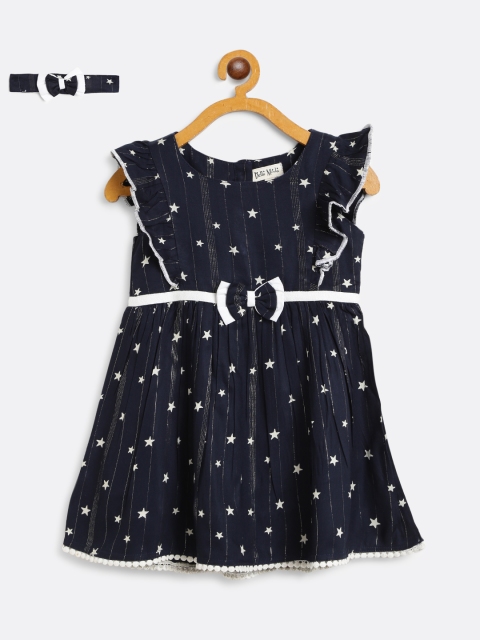 

Bella Moda Girls Navy Blue & White Star Print A-Line Dress with Hairband