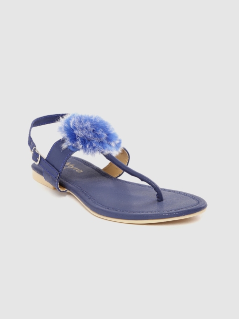 

Myra Women Blue Solid T-Strap Flats with Faux Fur Detail