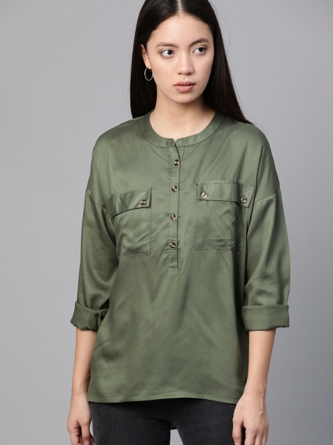 

Roadster Women Olive Green Solid High Low Top