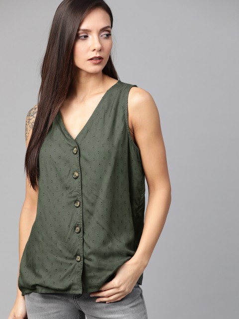 

Roadster Women Olive Green Self Design Top