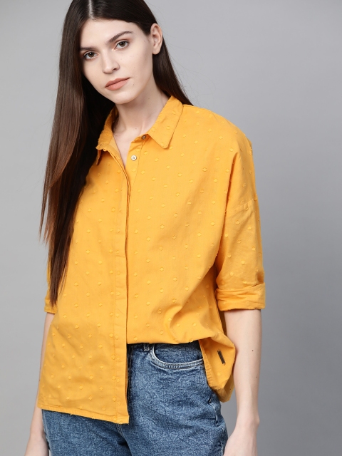 

Roadster Women Mustard Yellow Regular Fit Self Design Casual Shirt