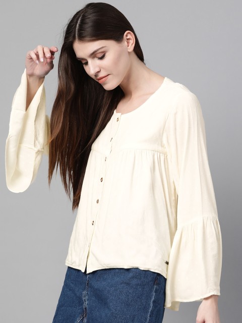 

Roadster Women Off-White Dobby Weave Self-Striped Top