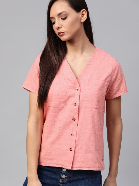 

Roadster Women Pink Self Design Pure Cotton Top
