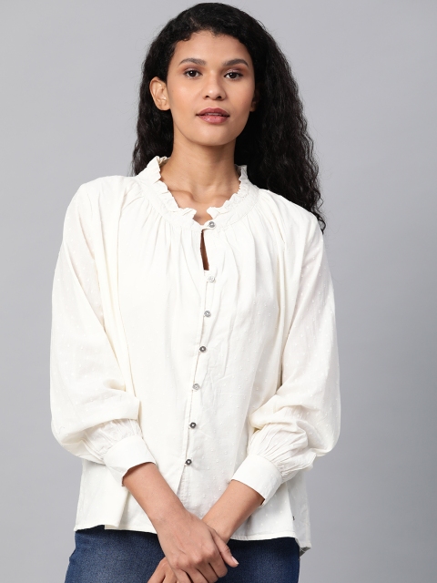 

Roadster Women Off-White Self Design Pure Cotton Top