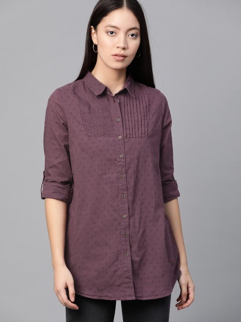 

Roadster Women Burgundy Regular Fit Self Design Casual Shirt