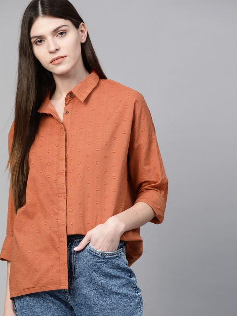 Roadster Women Rust Orange Regular Fit Woven Design Casual Shirt
