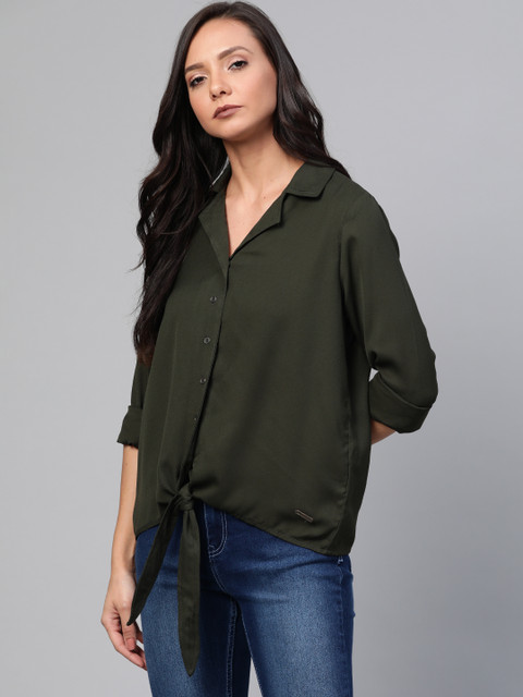 

Roadster Women Olive Green Regular Fit Solid Casual Shirt