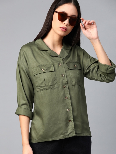 

Roadster Women Olive Green Regular Fit Solid Casual Shirt