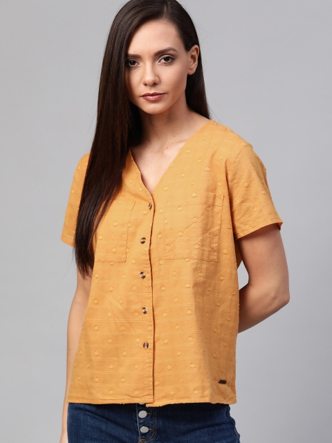 

Roadster Women Mustard Yellow Self Design Shirt Style Pure Cotton Top