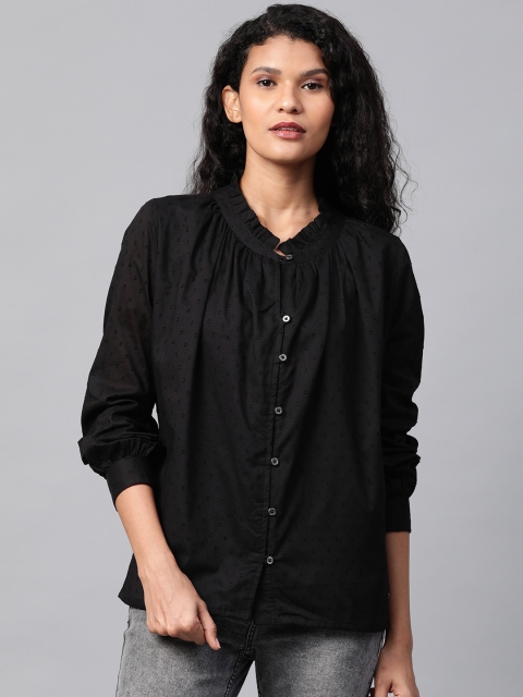 

Roadster Women Black Dobby Weave Pure Cotton Top