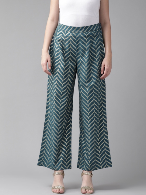 

AKS Women Teal Blue & Golden Printed Straight Palazzos