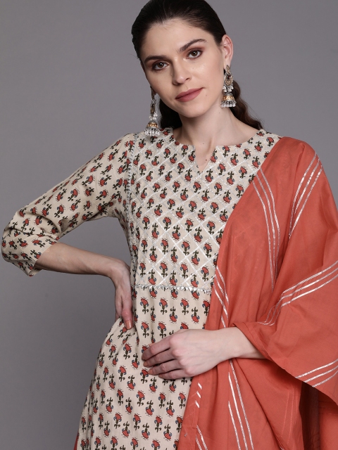 

AKS Couture Women Beige & Rust Orange Printed Kurta with Skirt & Dupatta