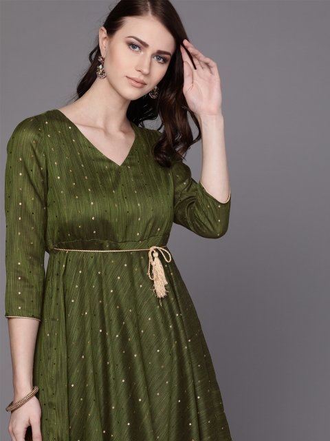 

AKS Couture Women Olive Green & Golden Self Design Kurta with Palazzos With Belt