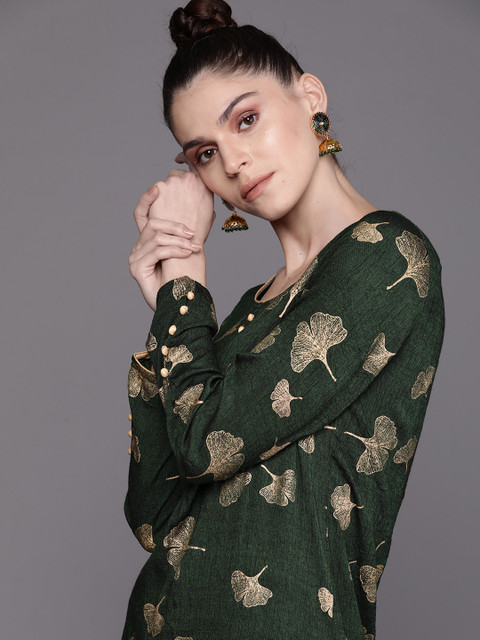 

AKS Couture Women Green & Golden Printed Kurta with Skirt