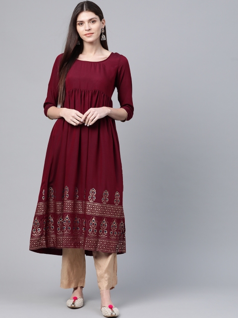 

AKS Couture Women Maroon & Golden Printed Hem Empire A-Line Kurta