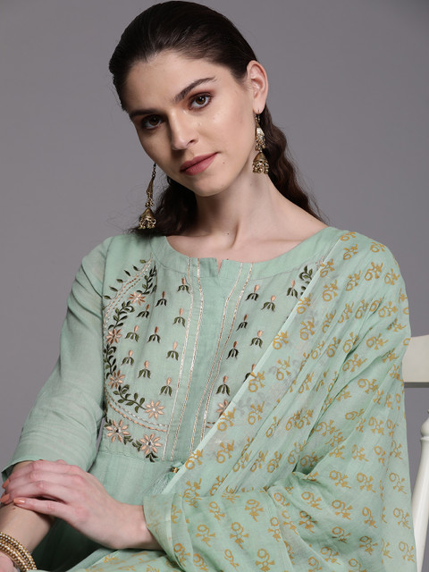 

AKS Couture Women Sea Green & Golden Yoke Design Anarkali Kurta With Dupatta