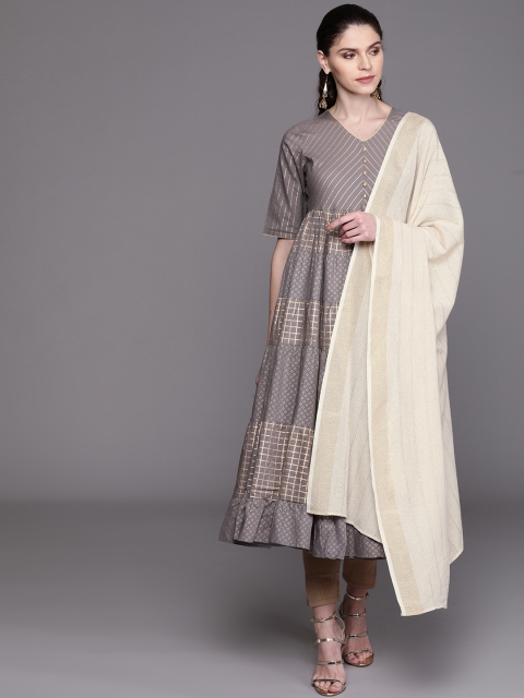 

AKS Couture Cream-Coloured & Golden Self-Striped Dupatta