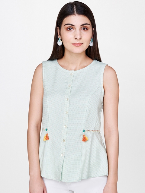 

AND Women Blue Checked Peplum Top