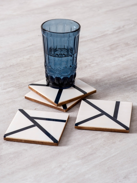 

nestroots Set of 4 White & Black Printed Resin Wood Coasters With Holder