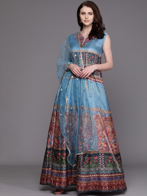 

Chhabra 555 Women Blue Bohemian Print Made to Measure Cocktail Gown with Dupatta