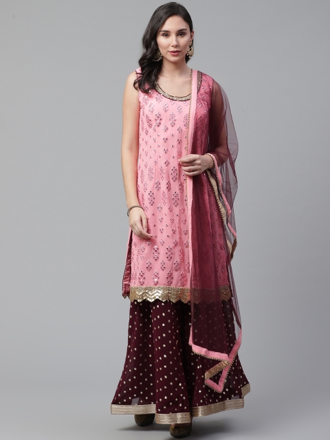 

Chhabra 555 Made to Measure Pink & Burgundy Foil Print Embellished Kurta Set