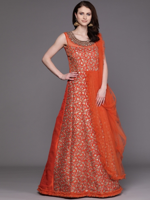 

Chhabra 555 Rust Orange Zari Made to Measure Cocktail Gown with Attached Ruffled Dupatta