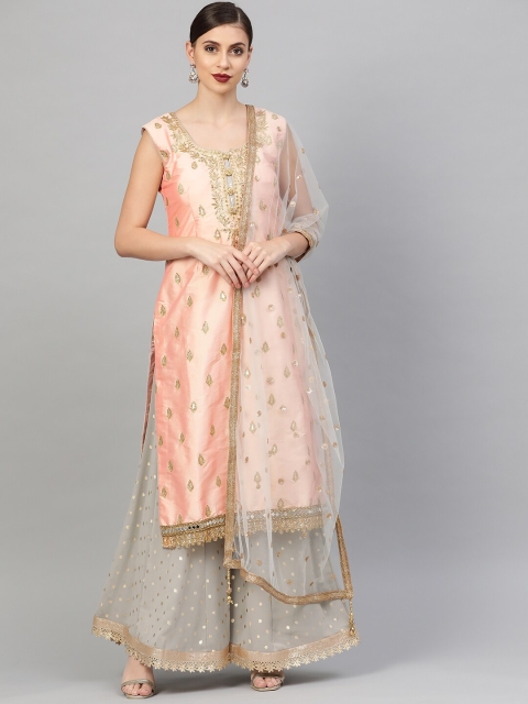 

Chhabra 555 Peach-Coloured & Grey Embellished Made to Measure Kurta Set