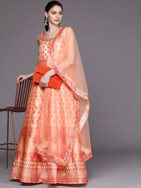 

Chhabra 555 Peach-Coloured Bohemian Printed Made to Measure Cocktail Gown with Dupatta