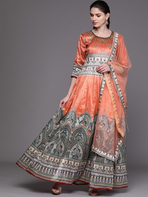 

Chhabra 555 Mustard Orange & Grey Printed Made to Measure Cocktail Gown with Dupatta
