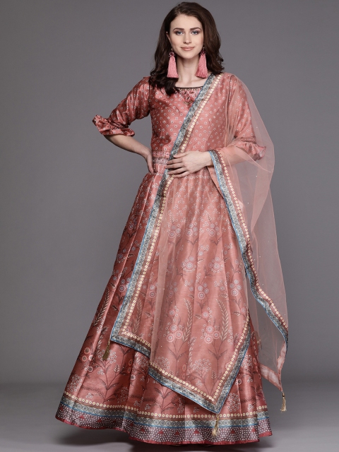 

Chhabra 555 Rust Orange Bohemian Printed Made to Measure Cocktail Gown with Dupatta