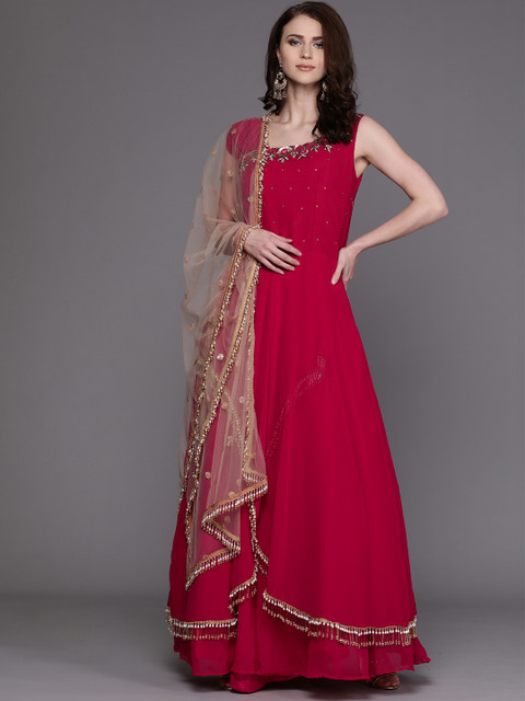 

Chhabra 555 Mustard Pink & Golden Yoke Design Made to Measure Cocktail Gown with Dupatta