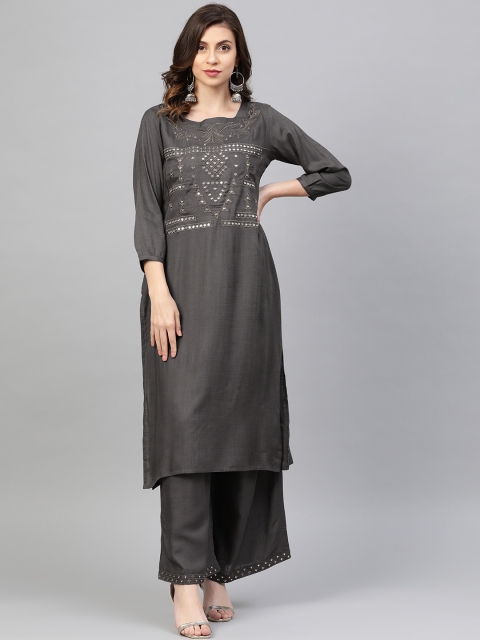 

Chhabra 555 Women Charcoal Grey Resham Embroided Made to Measure Kurta with Palazzos