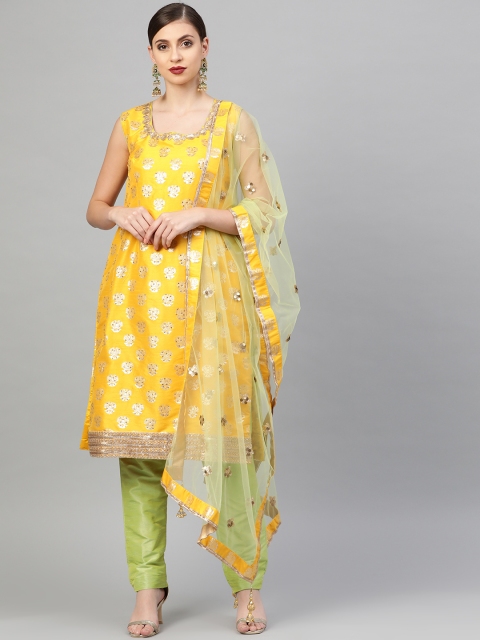 

Chhabra 555 Yellow & Green Zari Self Design Made to Measure Kurta with Trousers & Dupatta