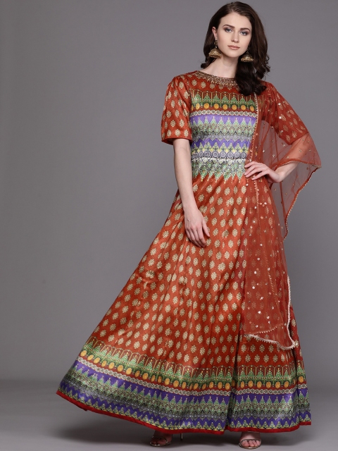 

Chhabra 555 Rust Orange & Beige Printed Made to Measure Silk Cocktail Gown with Dupatta