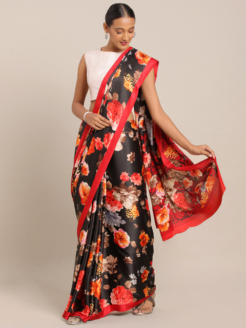 

KALINI Black & Orange Art Silk Floral Printed Saree