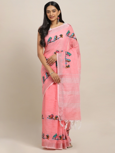 

KALINI Pink & Green Linen Blend Embroidered Saree