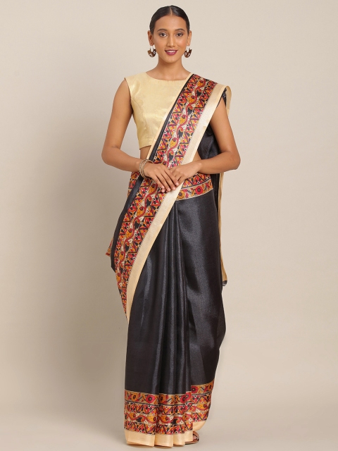 

KALINI Black & Mustard Yellow Silk Blend Solid Saree