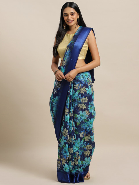 

KALINI Blue & Grey Linen Blend Printed Saree