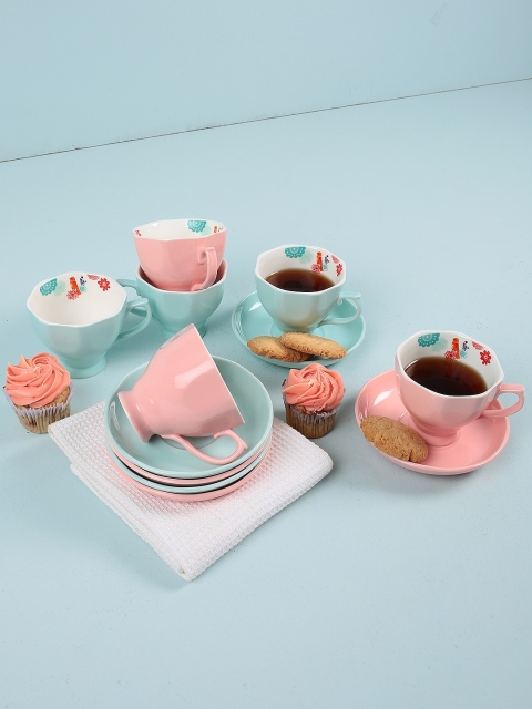 

Chumbak Set Of 6 Pink & Green Solid Bone China Cups & Saucers